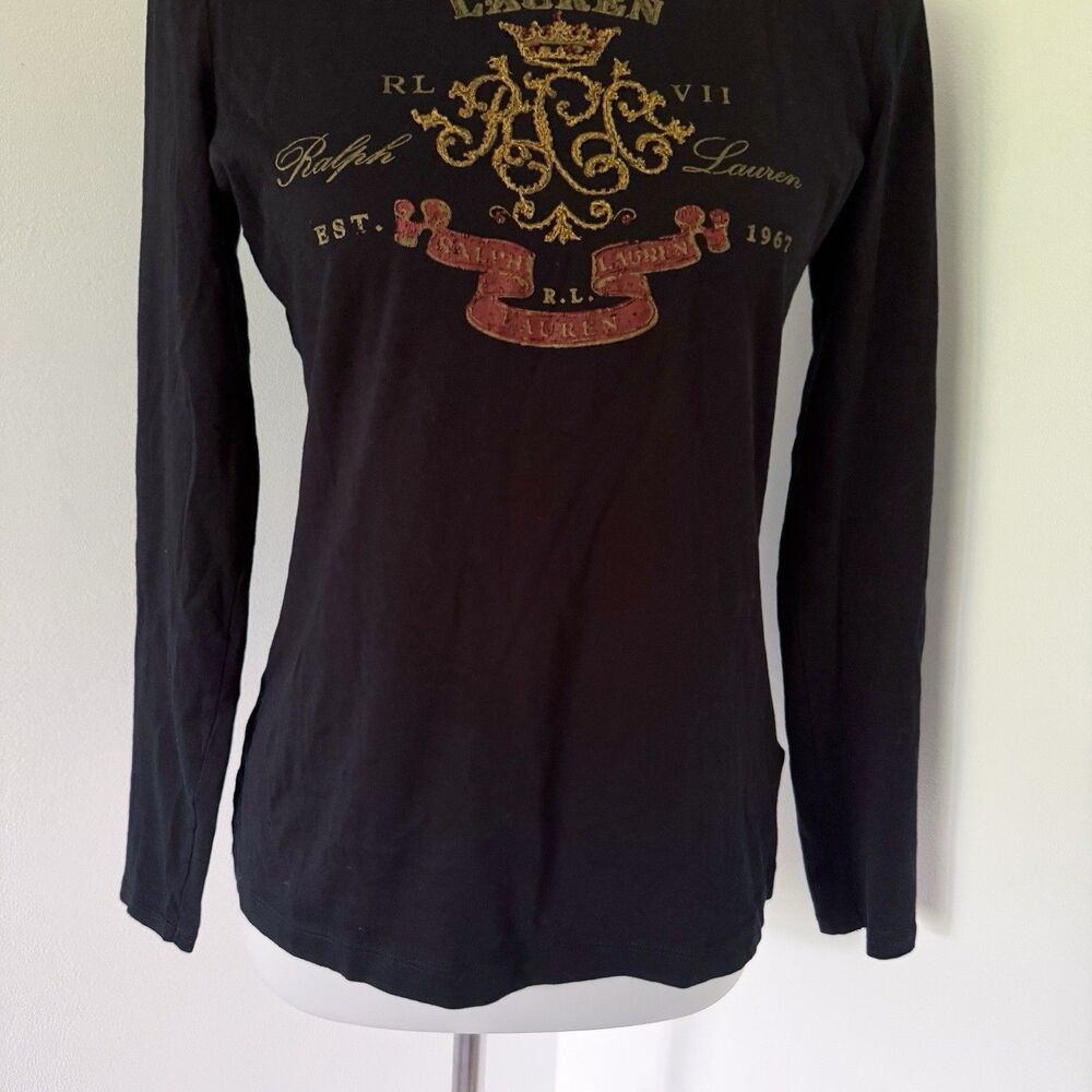 Women's Lauren Ralph Lauren RL Crest Logo Monogram Tee Shirt Black Size M Medium - Picture 4 of 14